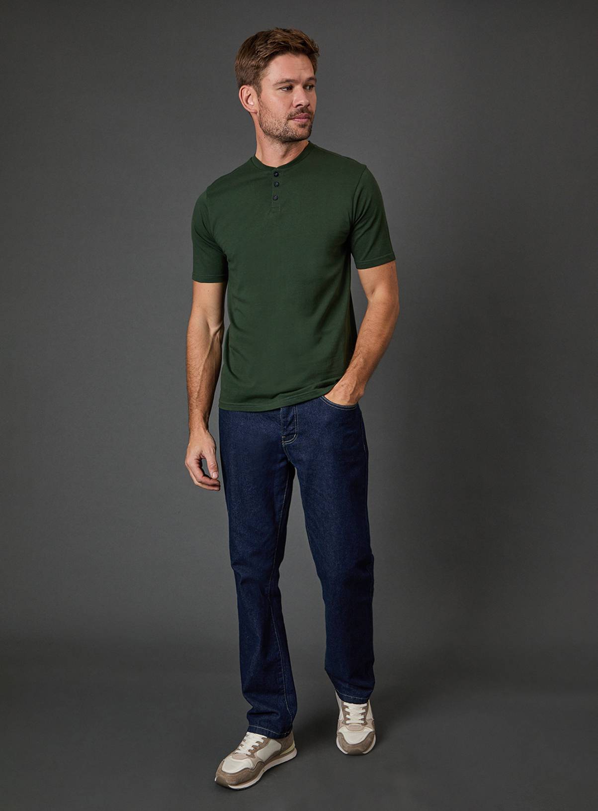 BURTON Dark Green Grandad Neck T-Shirt S - Image 4